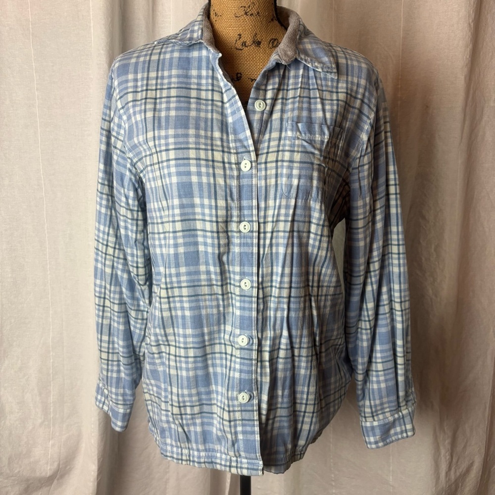 LL Bean Women’s Fleece Lined Blue White Plaid Snap Front Top Shacket Sz S